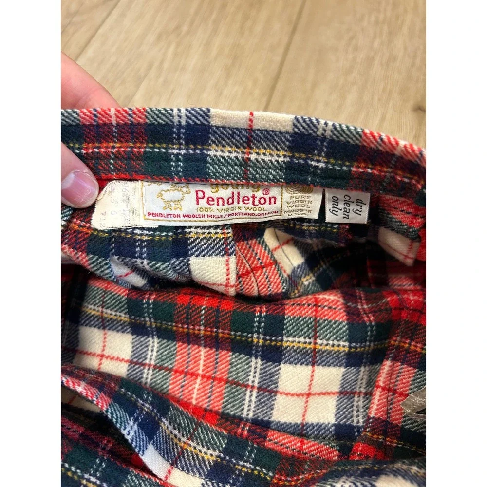 Vintage Young Pendleton Wool Wrap Kilt Skirt Red Navy Plaid Pleated Midi USA 8